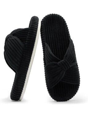 Women's Black Memory Foam House Corduroy Bow Crossbands Comfy Soft Slipper Shoes